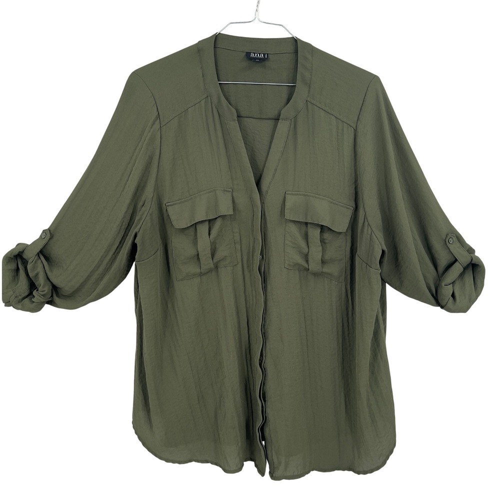 a.n.a Womens Olive Green Utility Blouse Roll Tab Sleeve‎ Chest Pockets 2X
